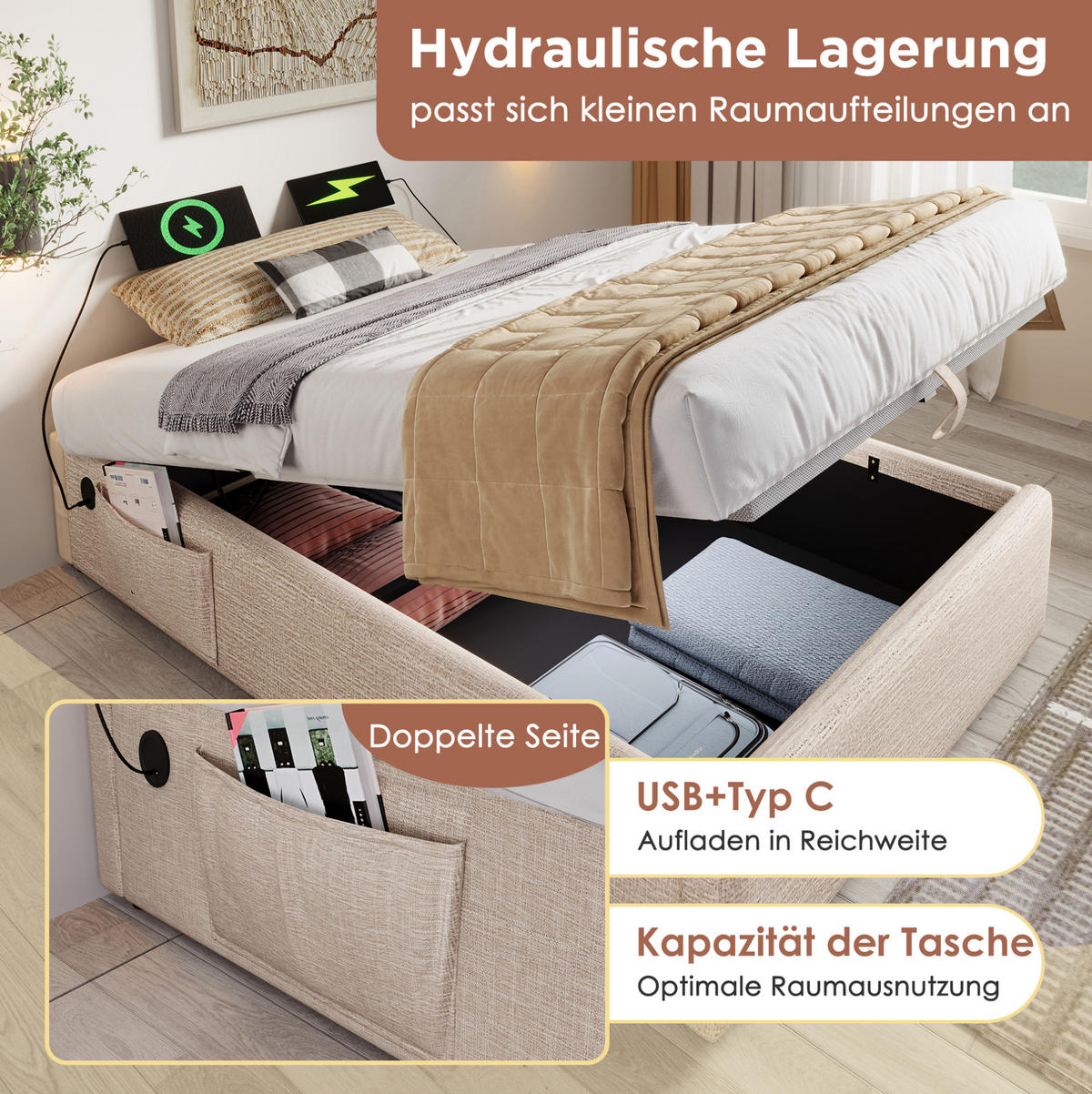 POLSTERBETT 140/200 cm Beige/Natur aus Leinen mit Bettkasten und USB/Type-C - Beige, Textil (140/200cm) - OKMYHOME