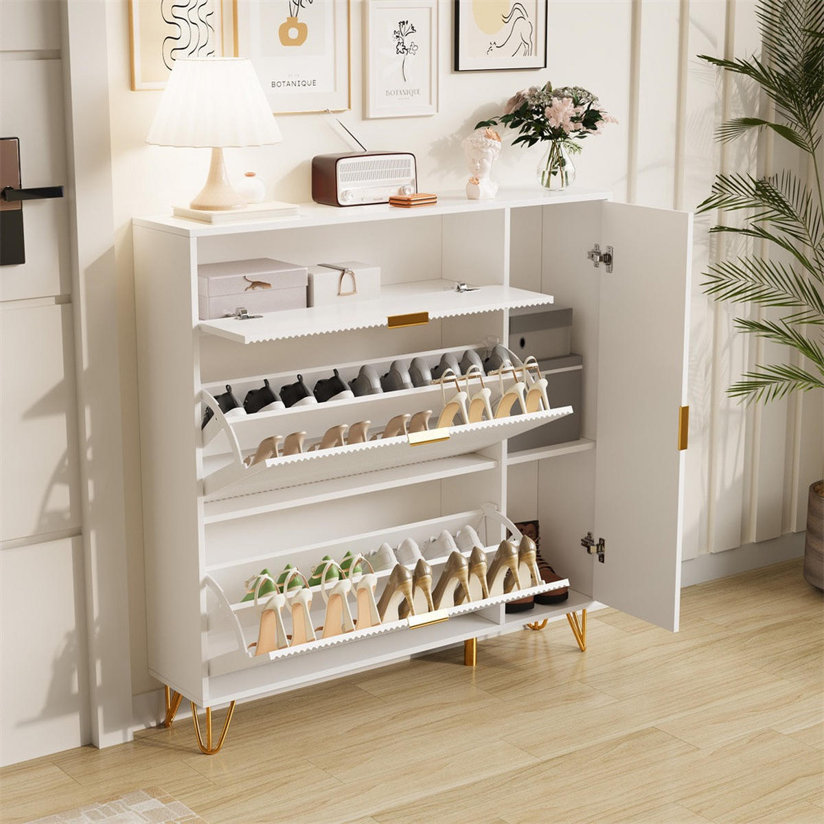 SCHUHSCHRANK im modernen Luxusdesign - Schuhkipper mit 2 Kippfächern und 1 Tür - Weiß und Gold - Weiß, Holzwerkstoff (24/118.5/110cm) - DELFA