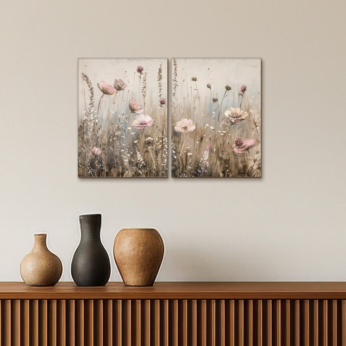 LEINWANDBILD 2er Set Blumen - Beige - Modern - Rosa 60x40 cm - Ecru, Textil (60/40cm) - MuchoWow