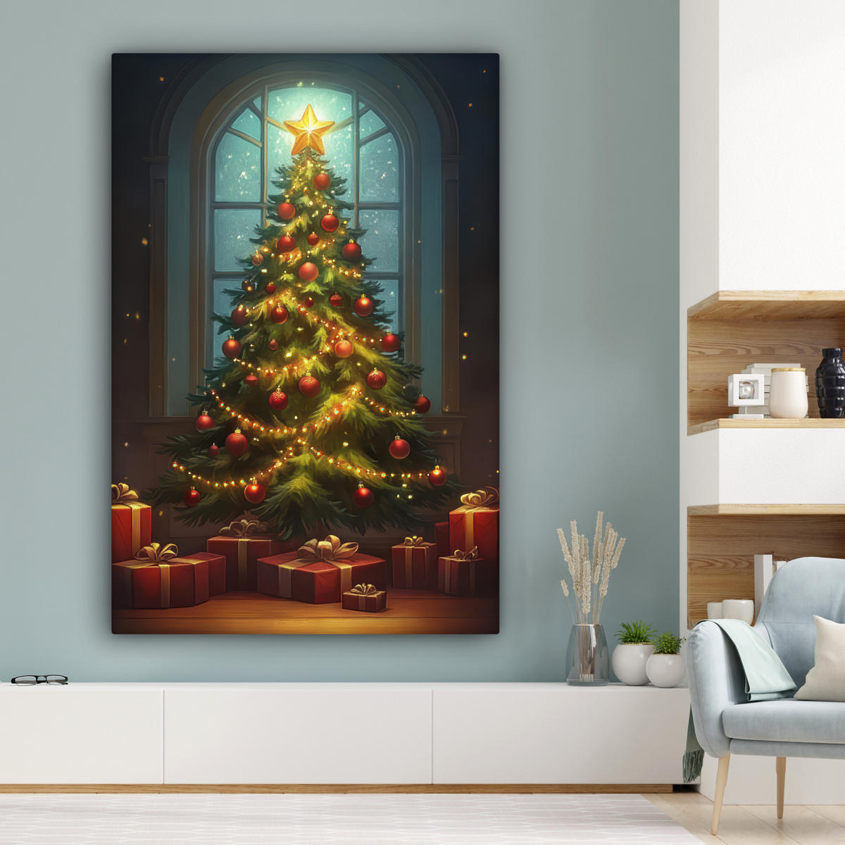 OBRAZ NA PLÁTNĚ Vánoční stromek - Dárek - Zima 90x140 cm - zelená barva, textil (90/140cm) - MuchoWow