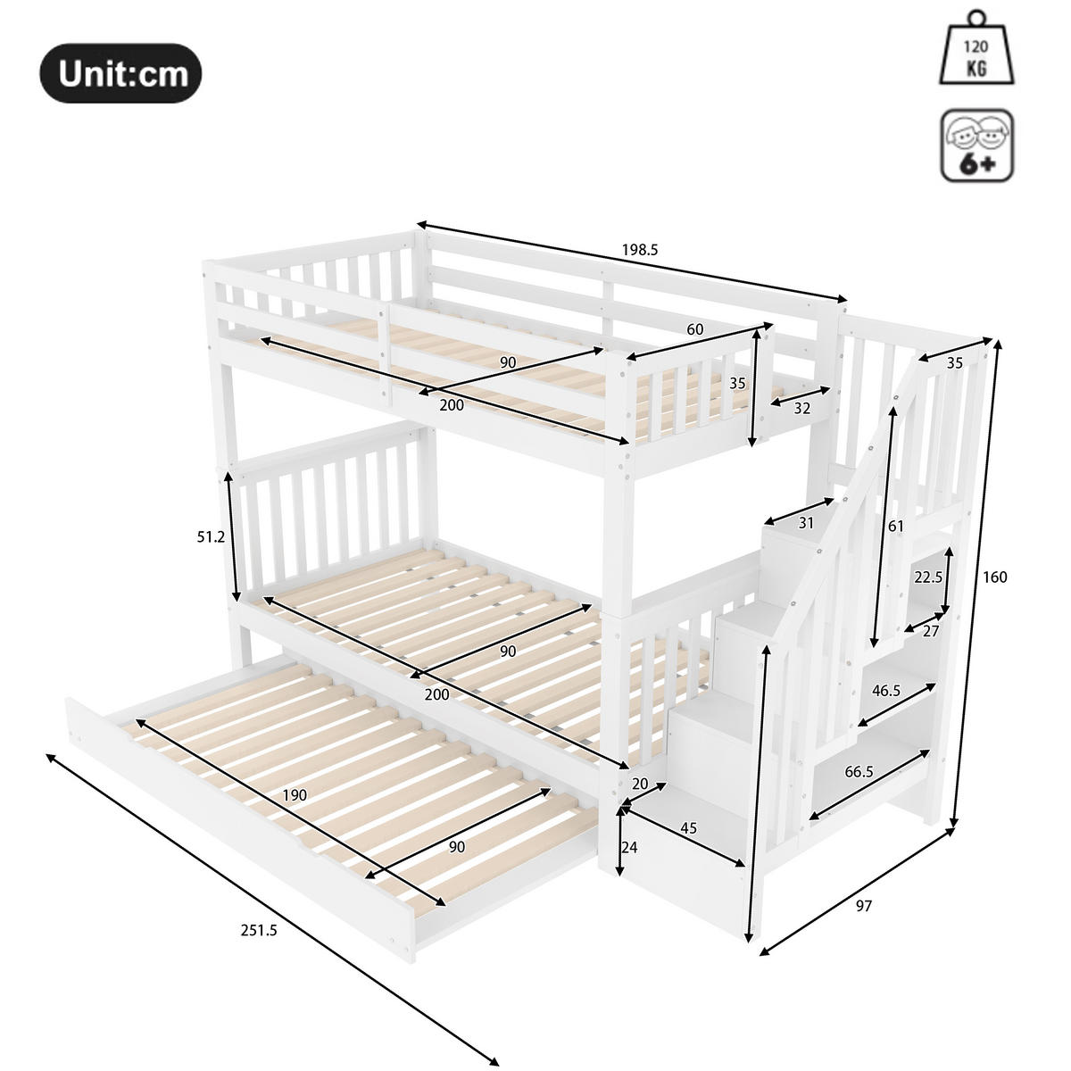 ETAGENBETT 90x200cm Weiß mit Ausziehbett EN747-1 Treppenregal - Weiß, Holz (90/200cm) - FLIEKS