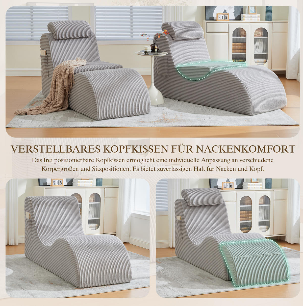 KŘESLO 160/66/90 cm světle šedé z manšestru s ergonomickým opěradlem a boční kapsou - světle šedá, textil (66/90/160cm) - OKWISH