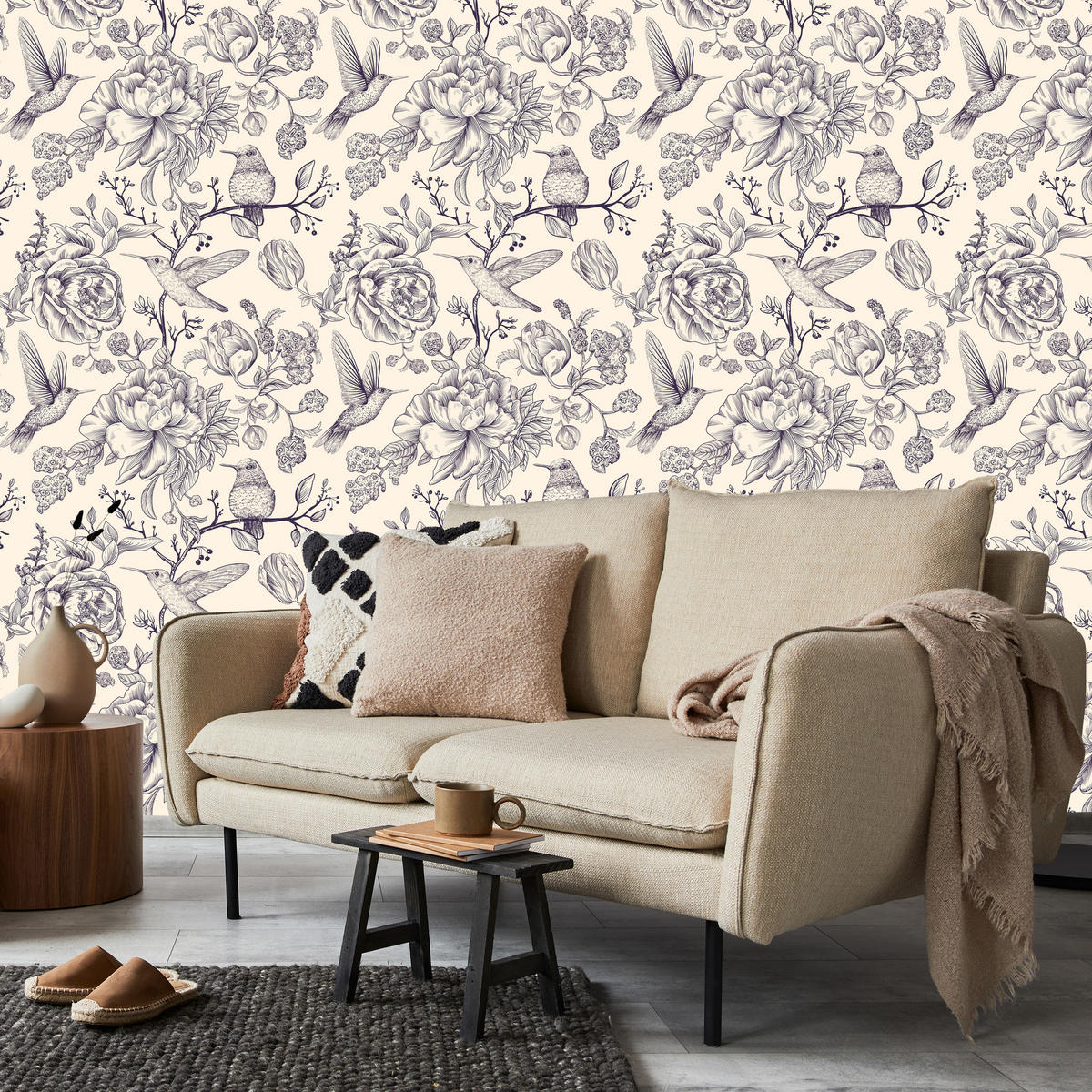 VLIESTAPETE Kolibris und Blüten – Grau, Creme – 50x1000 cm - Creme/Grau, Papier (50/1000cm) - Muralo