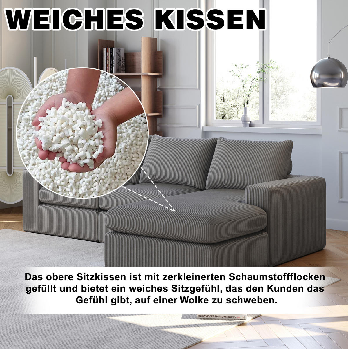 ECKSOFA 251/160/81 cm dunkelgrau aus Cord mit Chaiselongue, 4 Modulen und Kissen - Dunkelgrau, Textil (160/251cm) - OKWISH