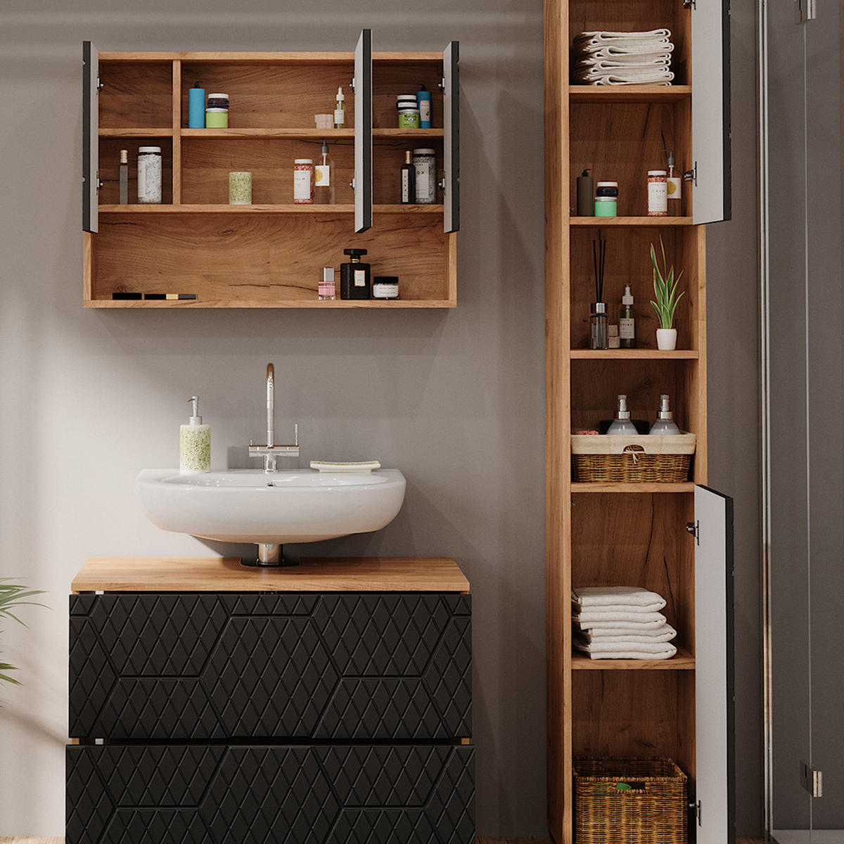 BADMÖBEL-SET Irma Anthrazit gestreift 3 Teile mit Spiegelschrank 80 cm - Honigeiche/Anthrazit, Holzwerkstoff (80/58.6/41cm) - Vicco