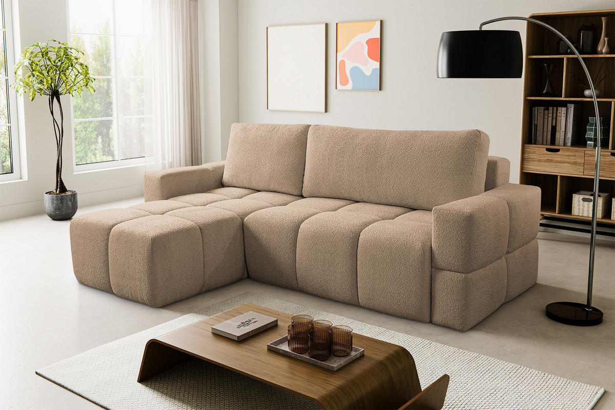 ECKSOFA LUSSO mit Schlaffunktion und Bettkasten, Farbe: Braun, Bouclé-Stoff, Ottomane Universal - Braun, Textil (255/165cm)