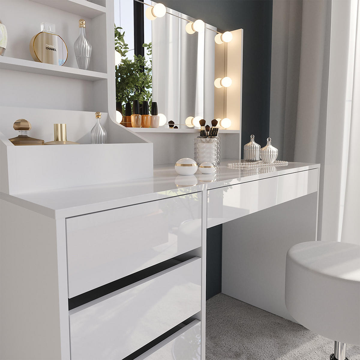 SCHMINKTISCH Sherry Weiß/Weiß Hochglanz 119.8 cm 4 Teile - Weiß Hochglanz, Holzwerkstoff (119.8/76/50.1cm) - Vicco