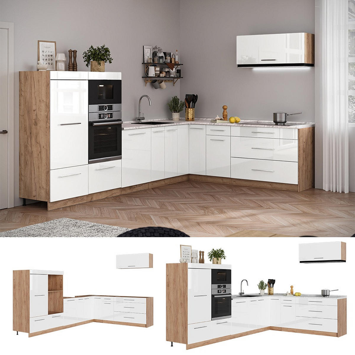 KUHINJA U OBLIKU SLOVA L Fame-Line, Sjajna Bijela /Hrast zlatnog tona, 327 x 227 cm, RP Mramor - hrast medunac/bijela visoki sjaj, drvni materijal (327/153.6/60cm) - Vicco