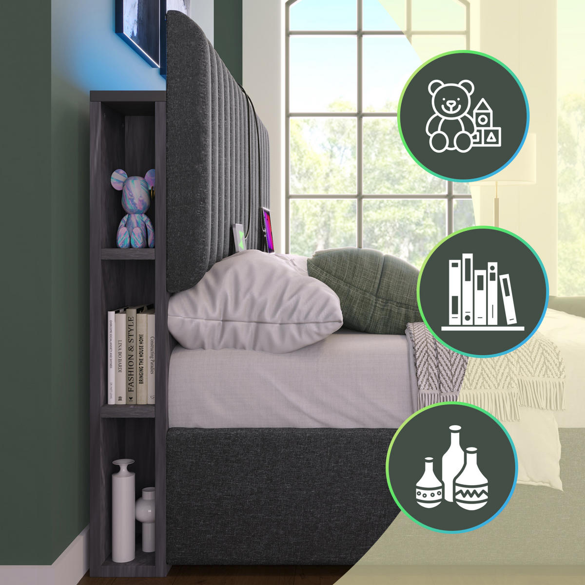 POLSTERBETT 140/200 cm mit LED, USB-Type-C, Stauraum, verstellbarem Kopfteil und Matratze, Grau - Grau, Textil (140/200cm) - Redom