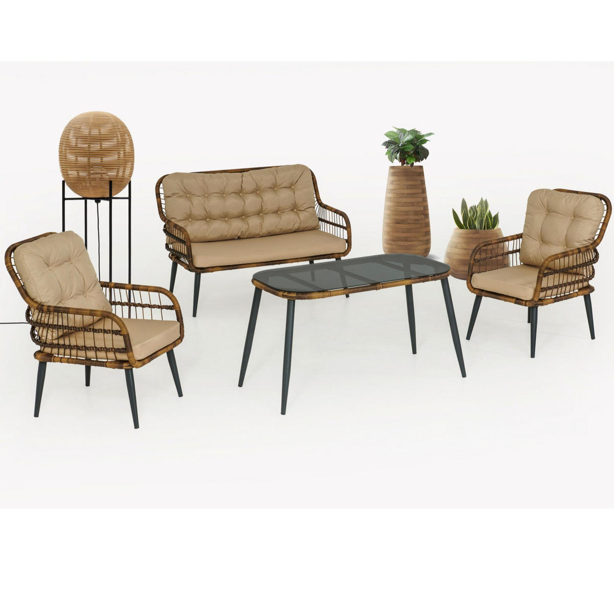 GARTENGARNITÜR Rattan Gartenlounge PISA - Braun, Metall - Gowoll