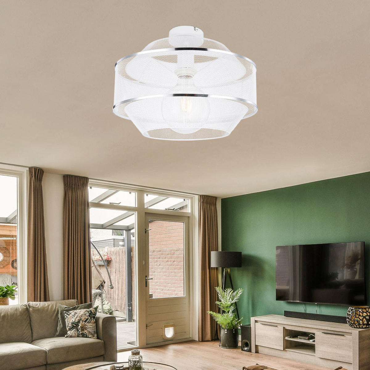 DECKENLEUCHTE Gitter Weiß Chromring Rund - Weiß, Metall (35/35/26cm) - Globo Lighting