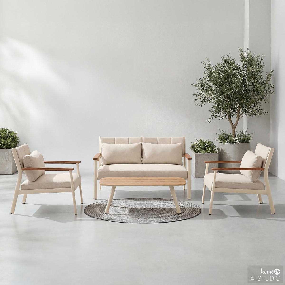 LOUNGESET - 4-teilig - Aluminium / Polyester - Beige - Beige, Holz/Textil (1/1/1cm) - home24