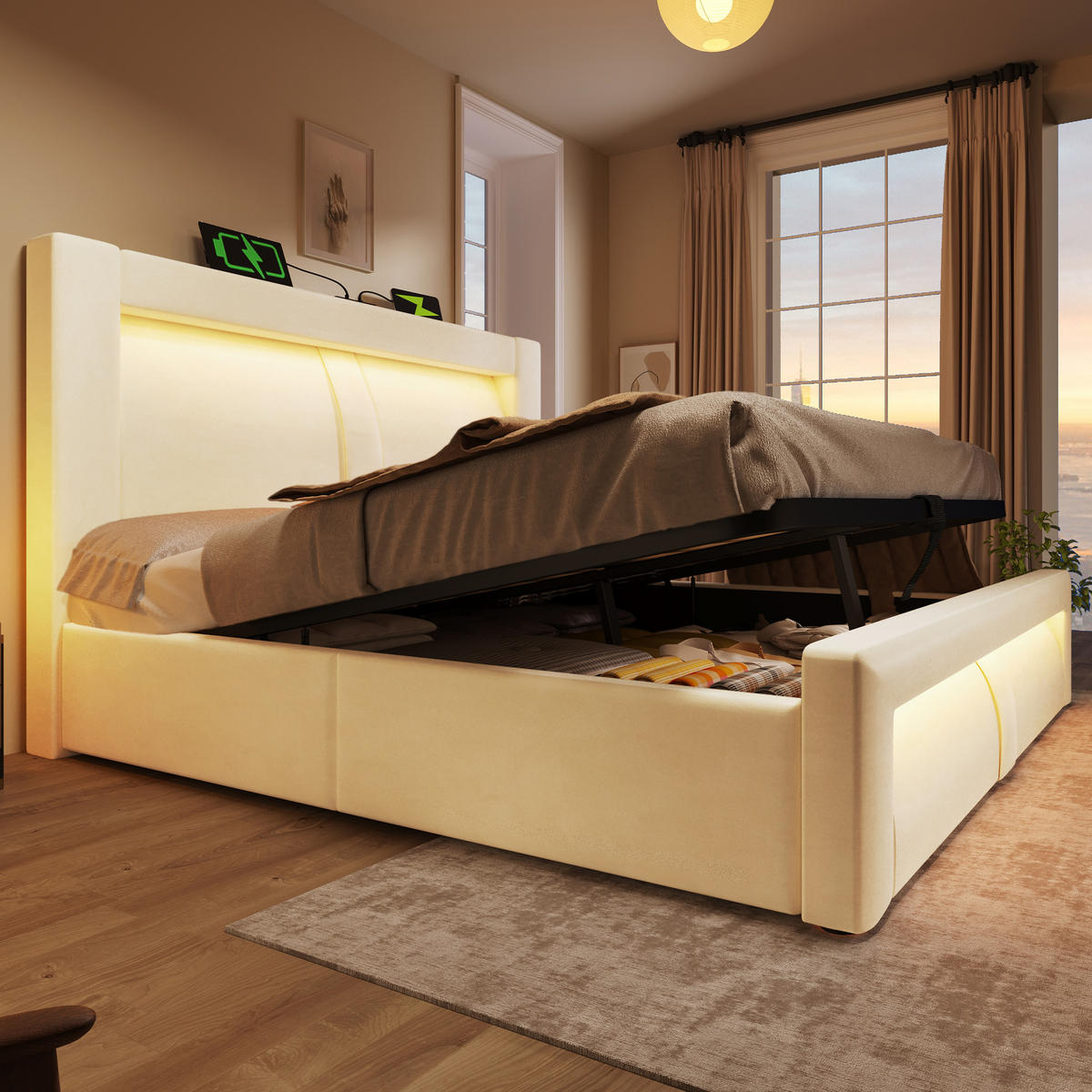 POLSTERBETT 180/200 cm Beige aus Samt mit Stauraum und LED - Beige, Textil (180/200cm) - OKWISH