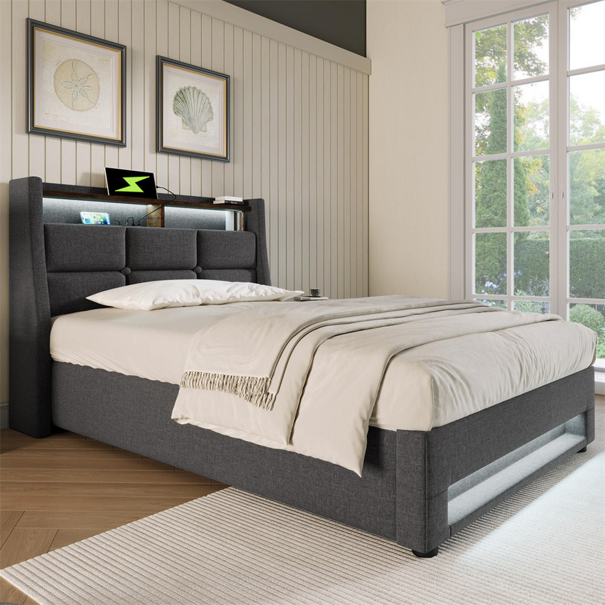 POLSTERBETT 90/200 cm in Grau mit USB - Grau, Holz/Textil (90/200cm) - KOMHTOM