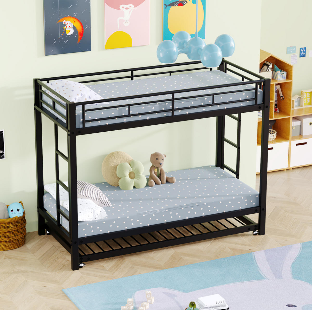 ETAGENBETT 90/200 cm aus Metall mit Ausziehbett und hohem Sicherheitsgeländer - Schwarz, Metall (90/200cm) - Flora Grace