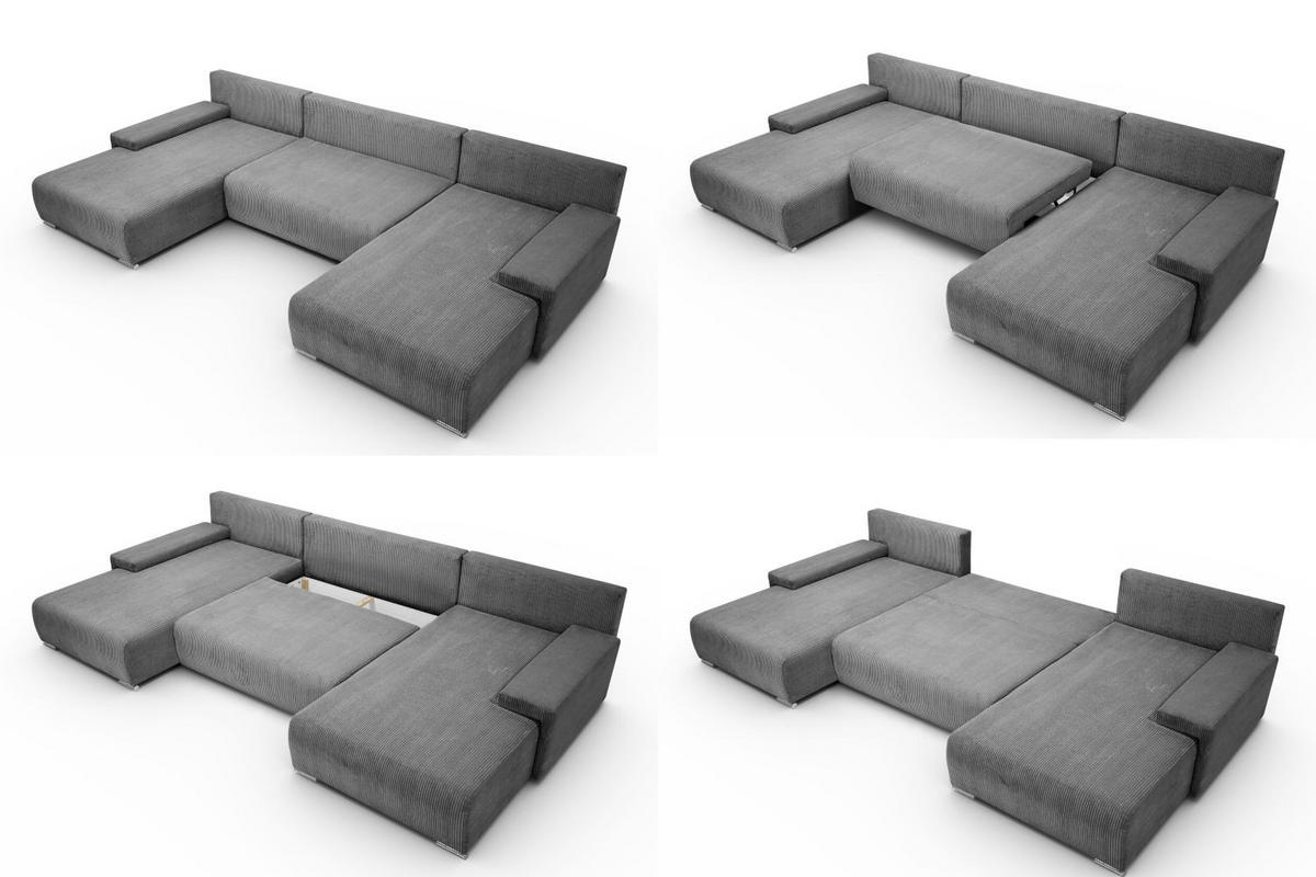WOHNLANDSCHAFT Lauren in U-Form 348 x 188 cm, 5 Sitzer, Bettzeugablage, Big Sofa, Eckcouch, Cord, grau - Grau, Kunststoff (348/93/188cm) - Margaret Hadas24