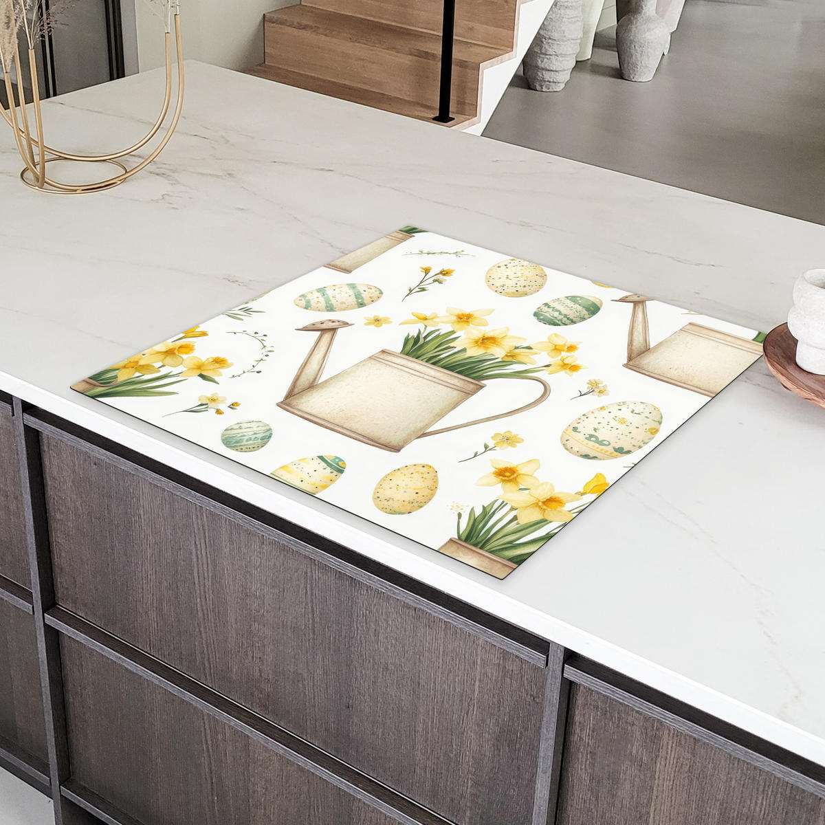 HERDABDECKPLATTE Gießkanne - Blumen - Eier Induktionsmatte 78x78 cm - Weiß, Kunststoff (78/78/0.2cm) - MuchoWow