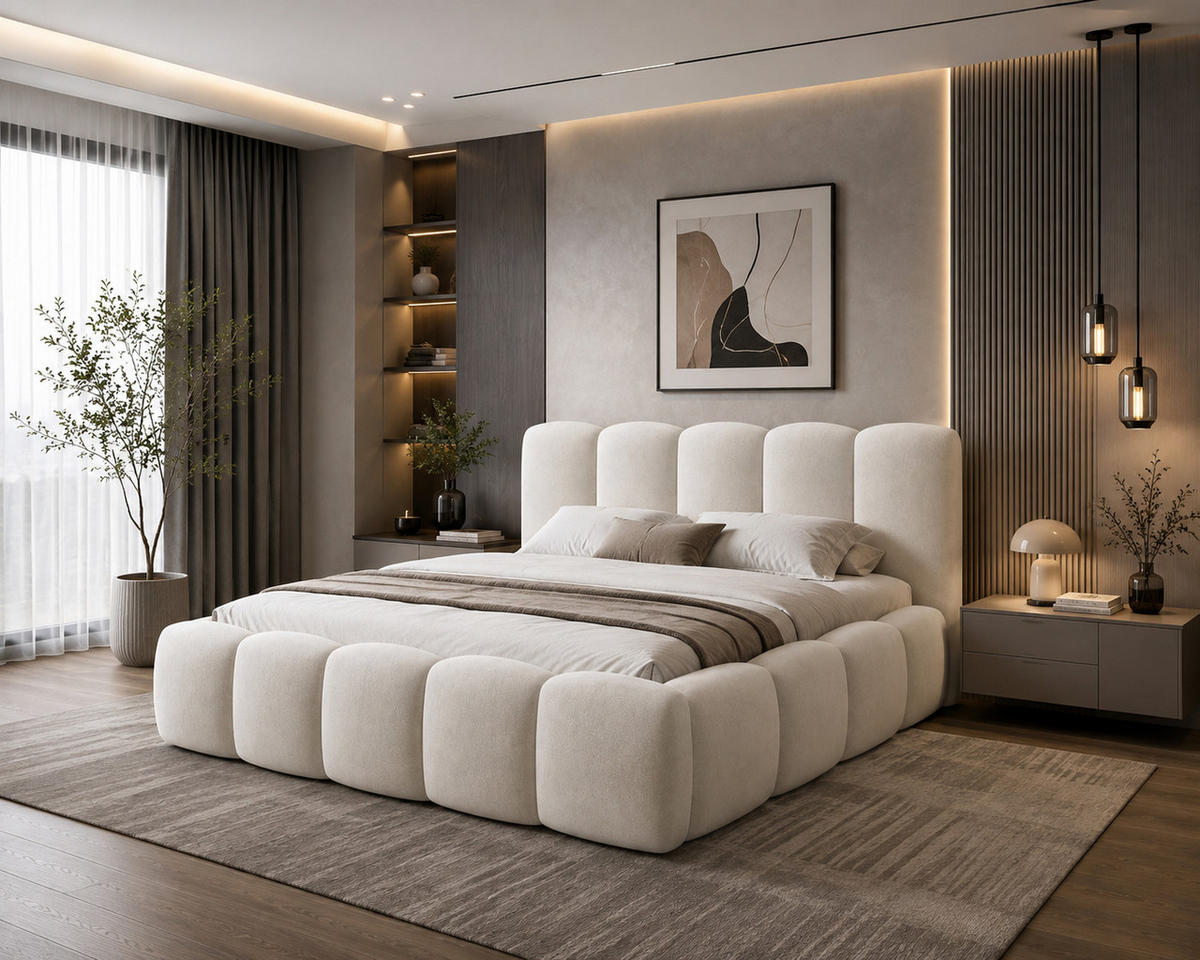 POLSTERBETT 18 - 140x200 cm – Riviera – Gepolstertes Bett mit Metall-Lattenrost - Creme, Holz (140/200cm) - ROYAL24_MARKT