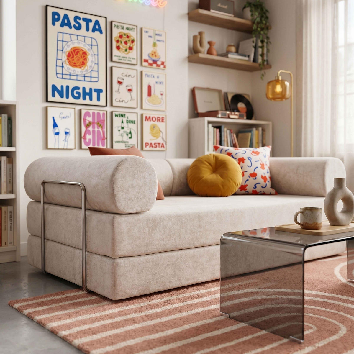 SCHLAFSOFA mit 2 Sitzplätzen, Ekru - Beige/Weiß, Textil (204/67/102cm) - Oviala