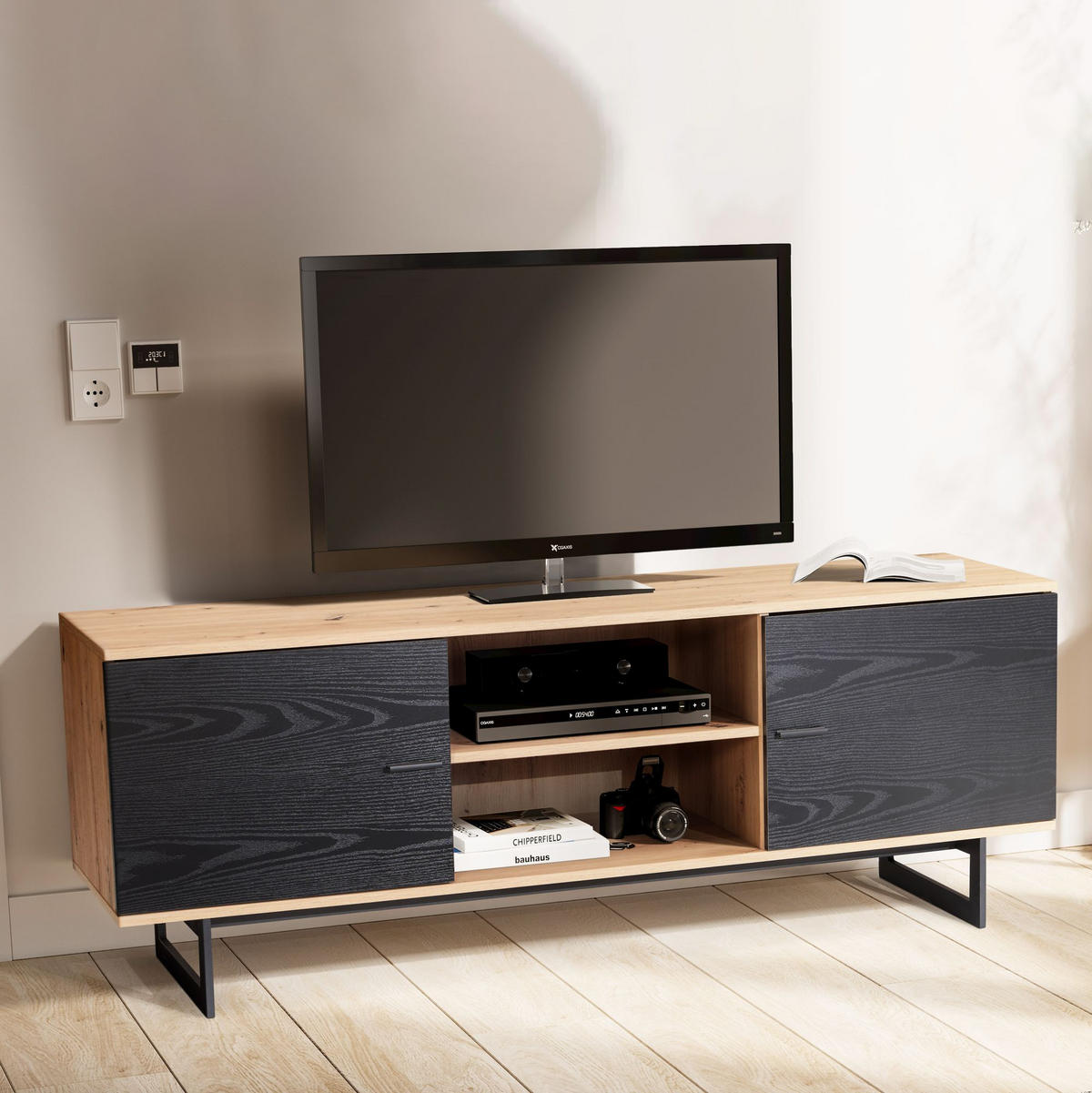TV-LOWBOARD mit Eiche-Dekor und 2 Türen, modern, Braun-Schwarz 150x40x55 cm - Schieferfarben/Schwarz, Holzwerkstoff/Metall (150/55/40cm) - KADIMA DESIGN