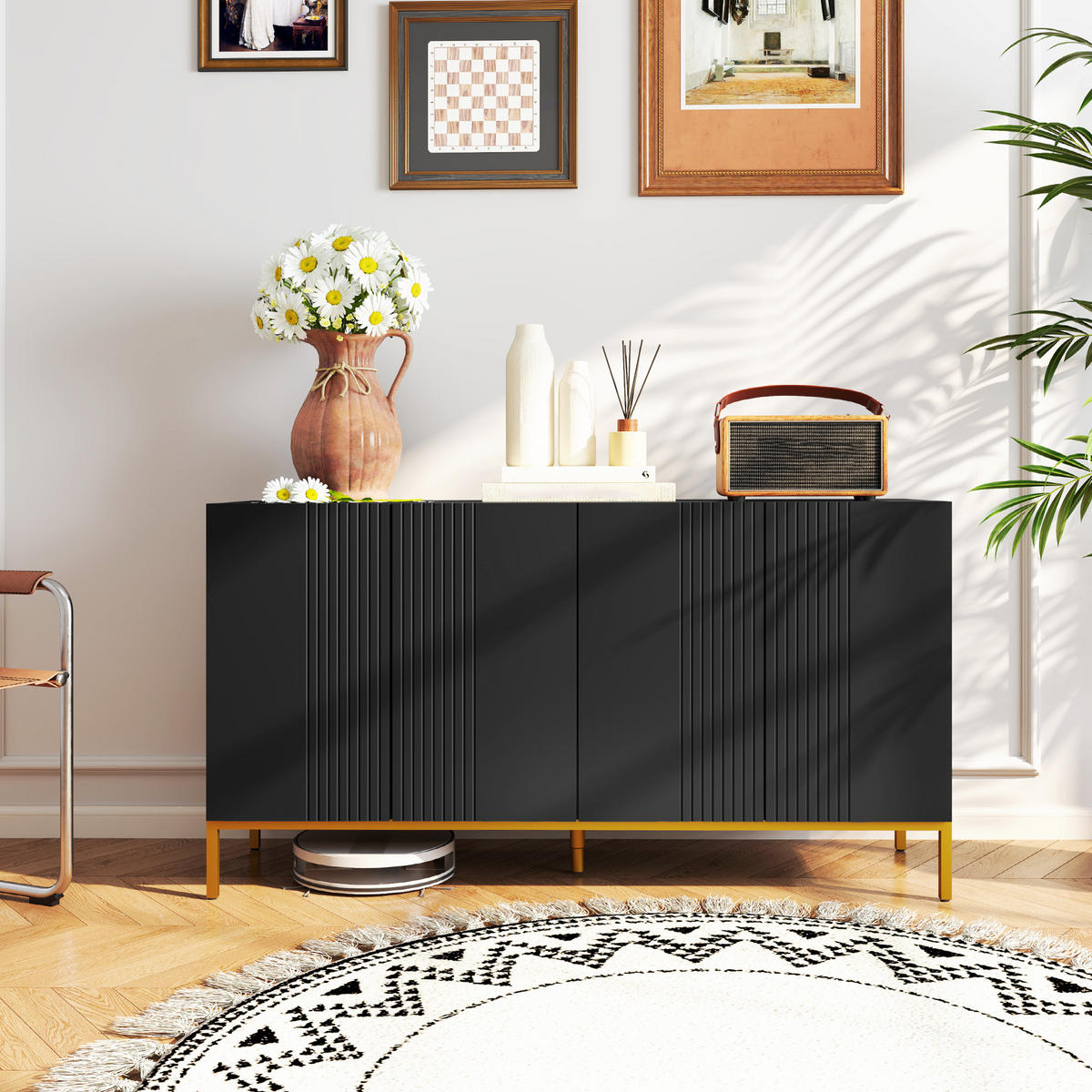 SIDEBOARD Schwarz und Goldfarben, 4 Türen, 140/40/75 cm - Schwarz, Holz (140/75/40cm) - PANGIVO