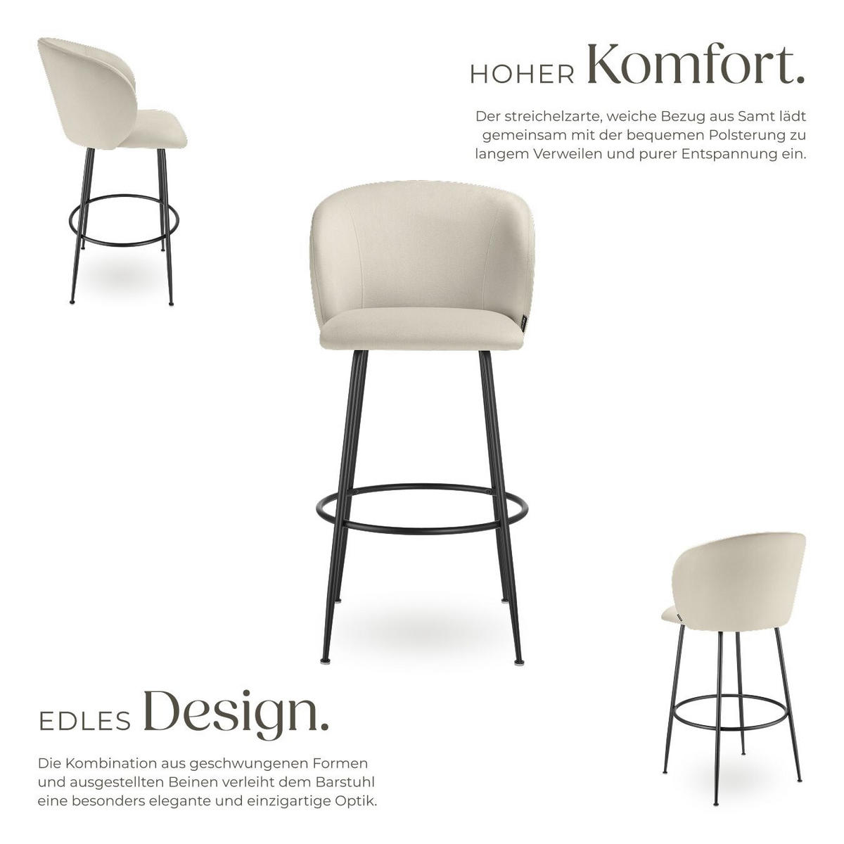 BARSTUHL Luana,51 x 60 x 106 cm, Belastbarkeit 120 kg,creme/schwarz - Creme/Schwarz, Kunststoff/Textil (51/106/60cm) - tectake