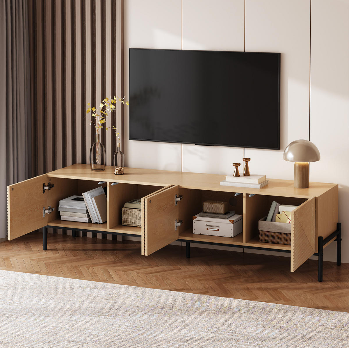TV-LOWBOARD aus MDF 163,5x40x45 cm Natur mit 4 Türen und Kabeldurchführungen - Hellbraun, Holzwerkstoff (163.5/45/40cm) - IVMEU