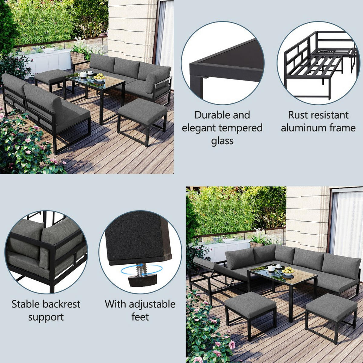 GARTENLOUNGE-SET mit Liegefunktion, Grau - Grau, Metall - KOMHTOM