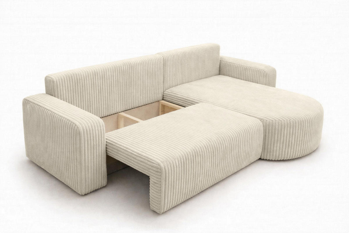 ECKSOFA Mit Schlaffunktion, Cordstoff Tilia, Ecru, Rechts, ROUND ONE XL - Ecru, Holz (271/175cm) - Kaiser Möbel