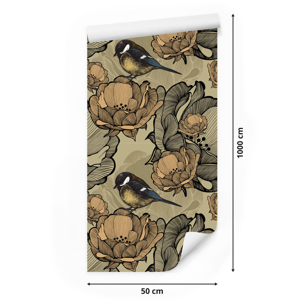 VLIESTAPETE Vögel und Vintage-Blüten – Beige, Braun, Schwarz – 50x1000 cm - Beige/Schwarz, Papier (50/1000cm) - Muralo