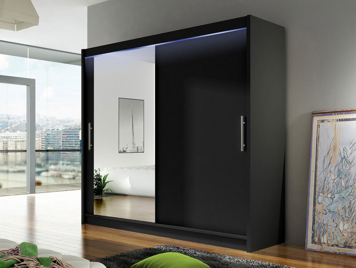 KLEIDERSCHRANK London VI, mit RGB LED Beleuchtung - Silberfarben/Schwarz, Holzwerkstoff/Kunststoff (180/215/58cm) - MIRJAN24