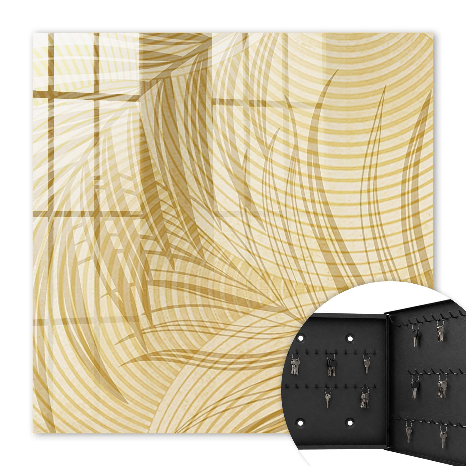 SCHLÜSSELBOX Schwarz 30x30 cm- Türöffnung nach rechts - Blätter der Natur - Beige, Metall (30/30/5cm) - TULUP