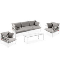 GARTENMÖBELSET RAMBE 4-tlg. 1x Tisch 2x Sessel 1x Sofa 3-Sitzer, mit Auflage, Stahlrahmen, LOFT-STIL, Weiß/Hellgrau - Hellgrau/Weiß, Textil/Metall - KONSIMO®