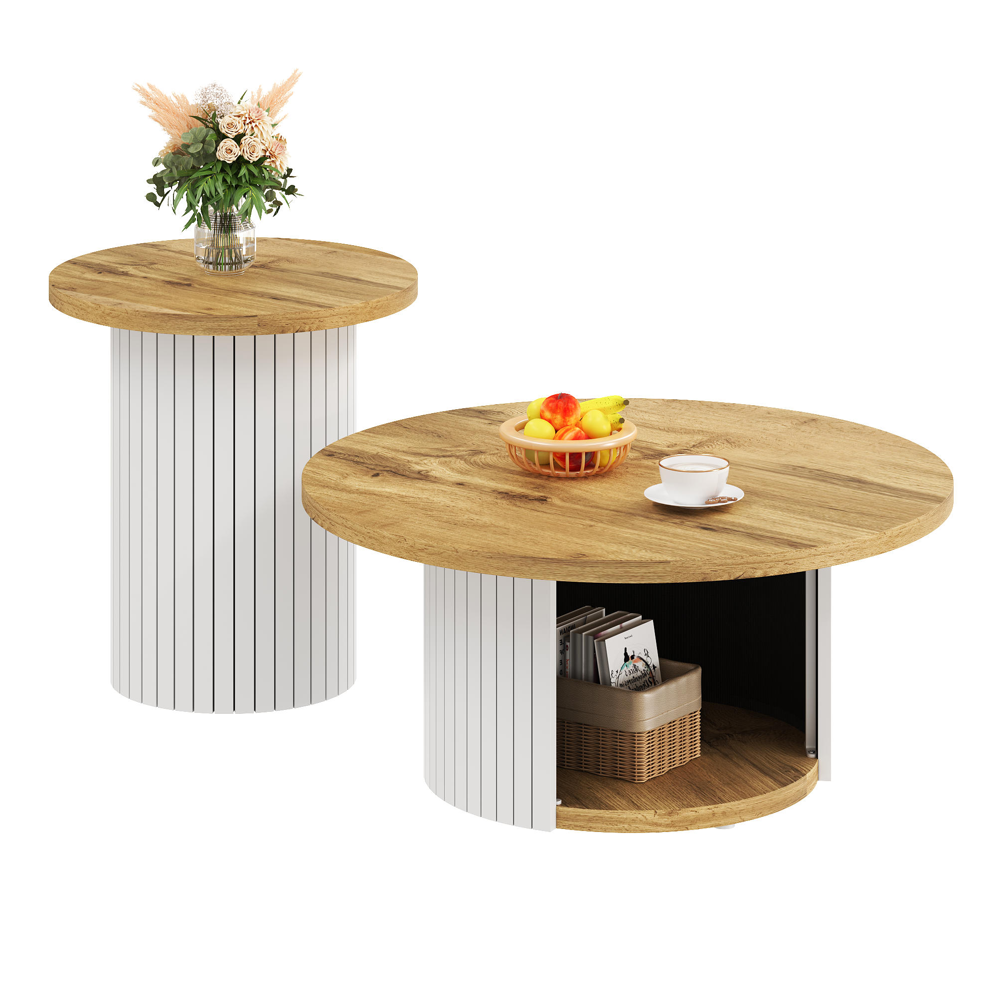 OKWISH KONFERENČNÍ stolek 75/75/50 cm přírodní z MDF se sadou 2 kulatých stolků