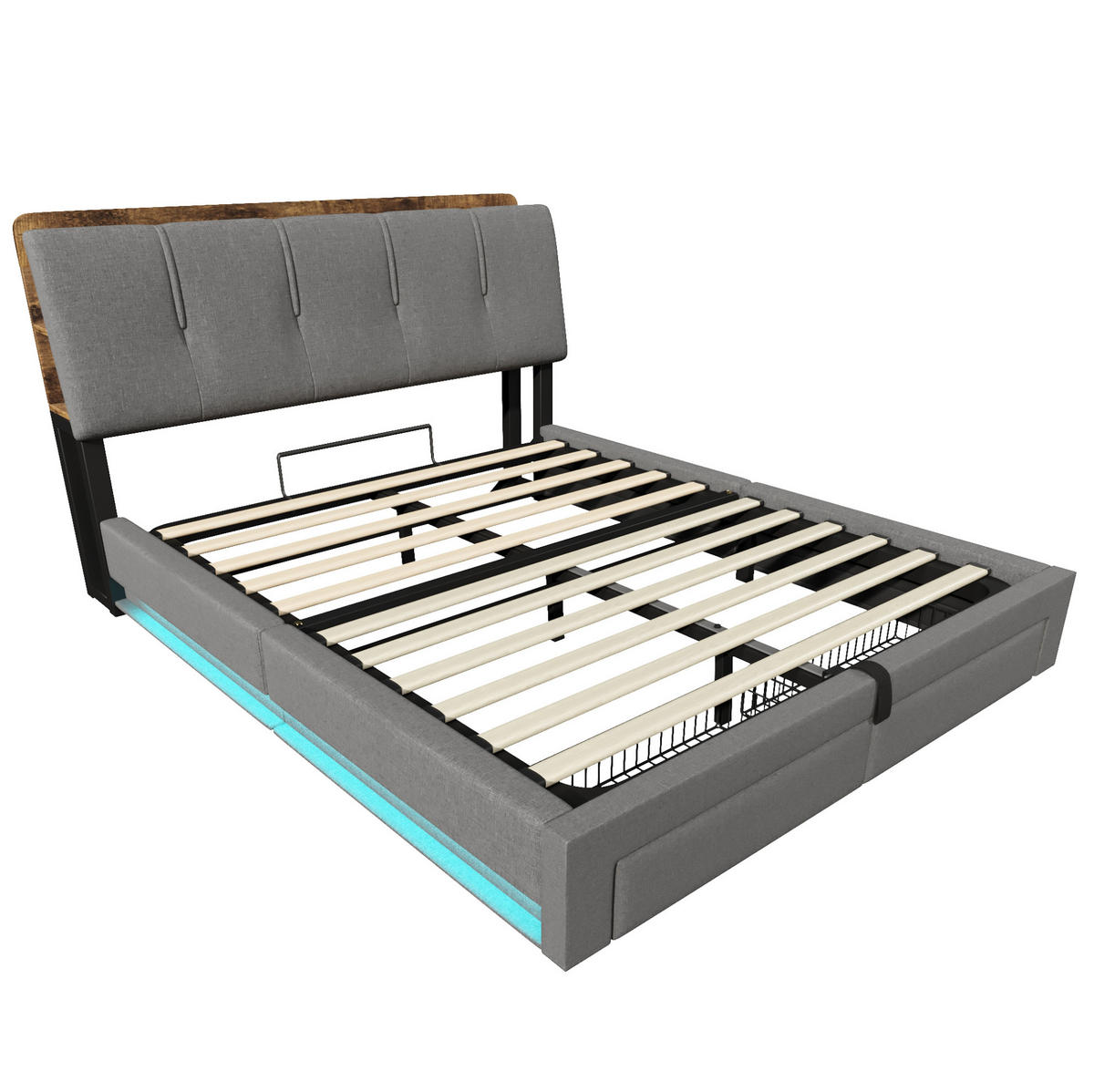 POLSTERBETT 140/200 cm Grau mit LED, USB-C, Bettkasten und Schubladen aus Leinen - Grau, Textil (140/200cm) - OKMYHOME