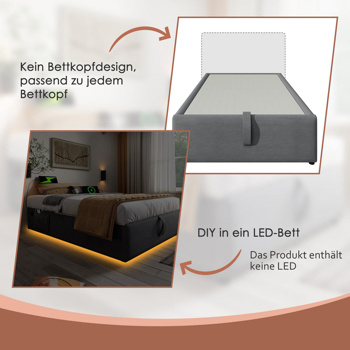 POLSTERBETT 140/200 cm in Grau mit Bettkasten, USB und Type-C Leinen ohne Kopfteil - Grau, Holzwerkstoff/Textil (140/200cm) - STILVORA