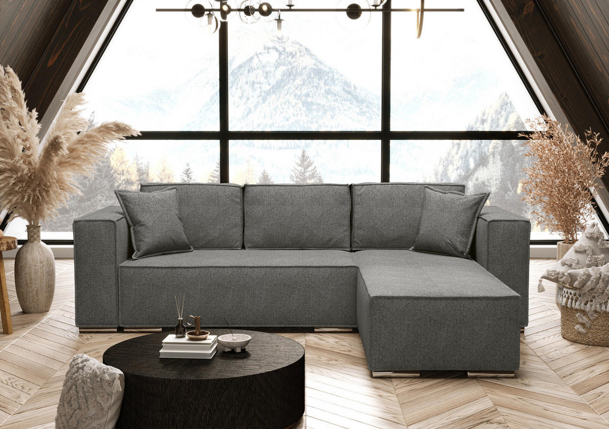 ECKSOFA L Form Vinoria Grau 255/180/82 cm Rechts mit Schlaffunktion - Chromfarben/Grau, Textil/Metall (255/180cm) - AX Living