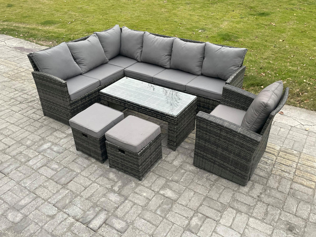 SITZGRUPPE mit Ecksofa,Länglicher Couchtisch,2 Kleine Hocker Polyrattan 9-Sitzer - Dunkelgrau/Grau, Glas/Kunststoff - Fimous