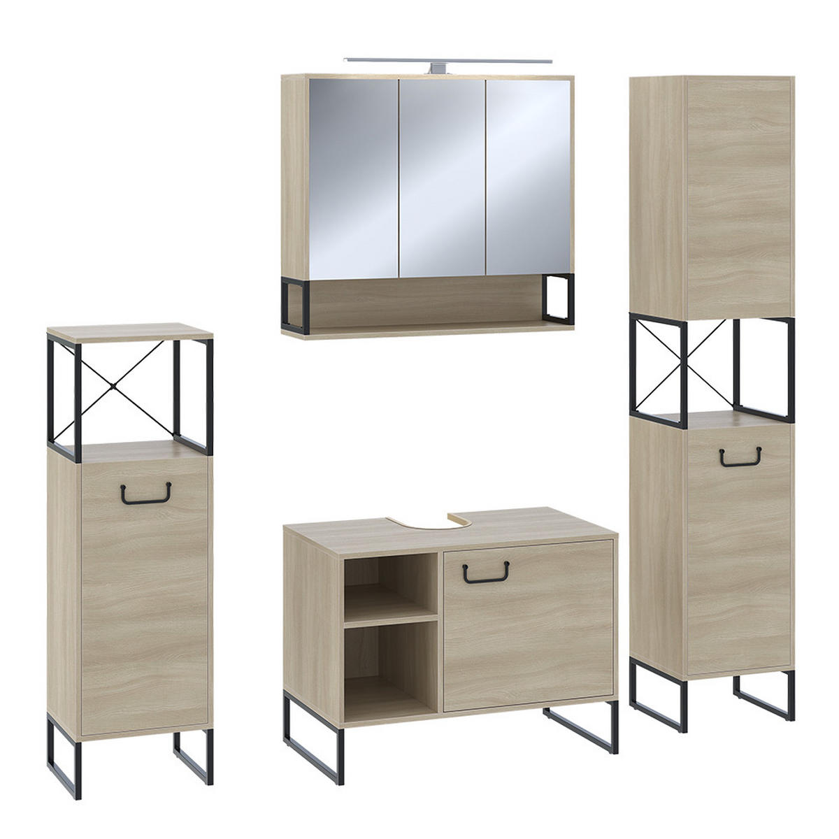 WASCHBECKENUNTERSCHRANK Vionna Eiche/Schwarz 80 x 60 cm mit 2 offenen Fächern - Eichefarben/Schwarz, Holzwerkstoff (80/60/45.5cm) - Vicco