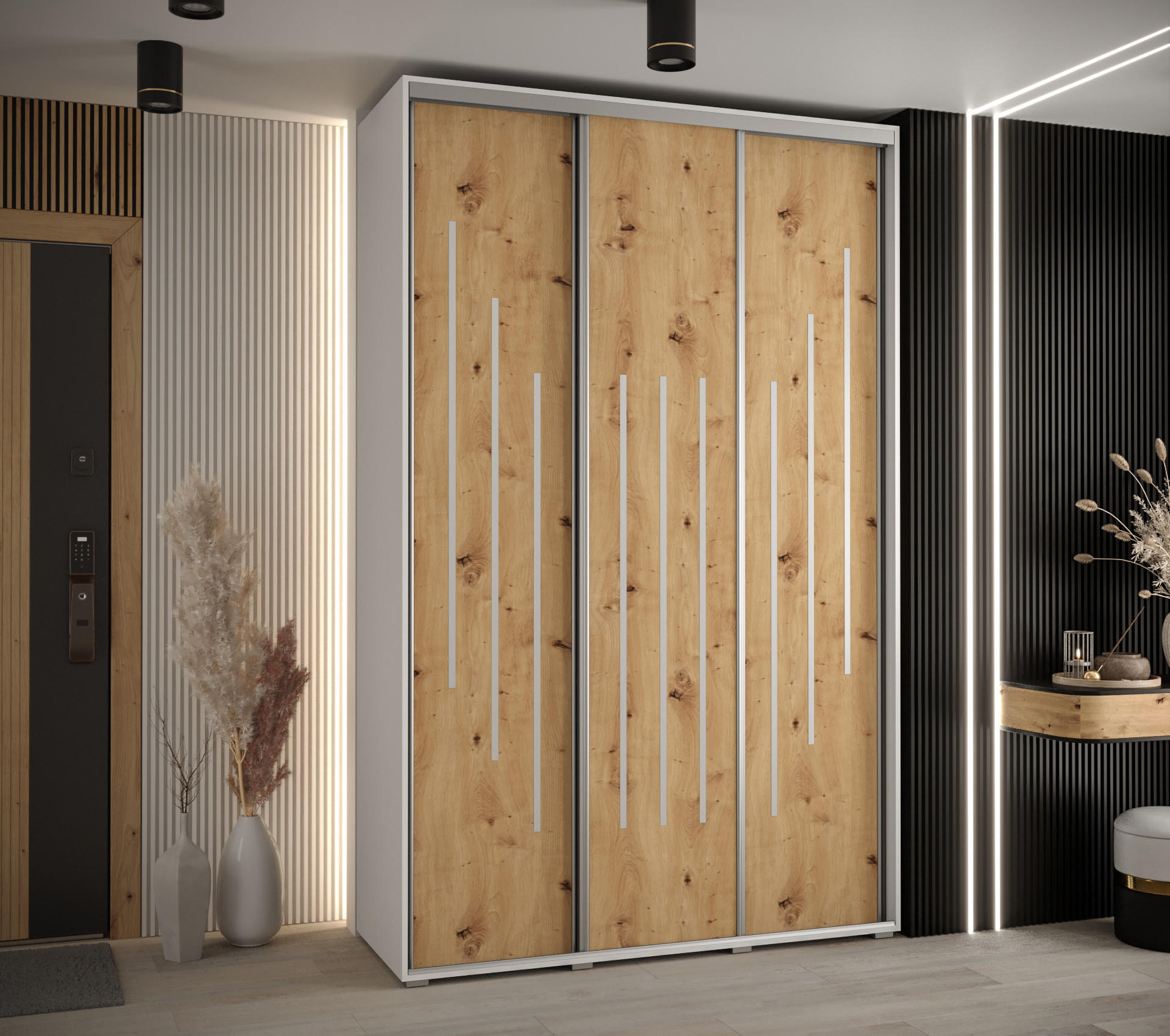 SCHWEBETÜRENSCHRANK 235,2/160/60 3-türig - Silberfarben/Eiche Artisan, Holz/Metall (160/235/60cm) - Abiks Möbel