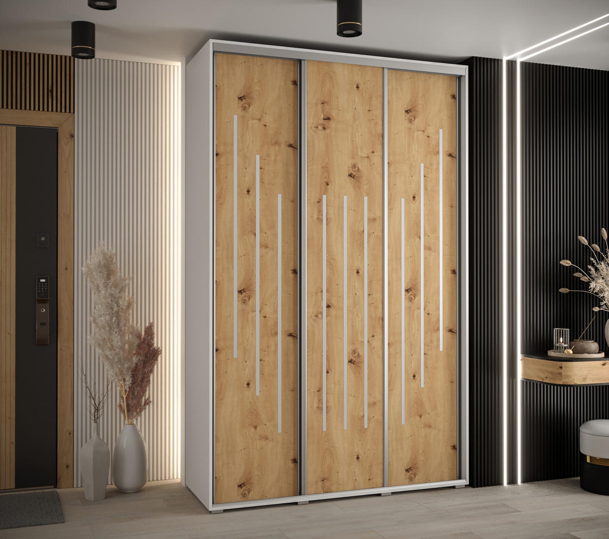 SCHWEBETÜRENSCHRANK 235,2/160/60 3-türig - Silberfarben/Eiche Artisan, Holz/Metall (160/235/60cm) - Abiks Möbel