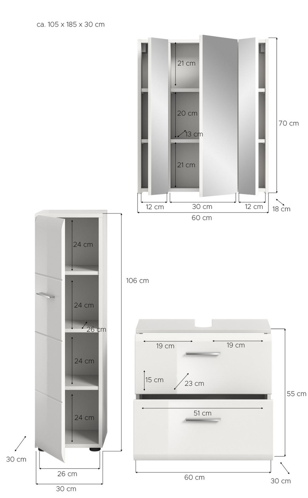 BADMÖBEL SET 3-teilig in weiß Hochglanz Badkombination 105 x 185 cm Cover - Weiß Hochglanz/Silberfarben, Holzwerkstoff/Kunststoff (105/185/30cm) - Inn.Furn