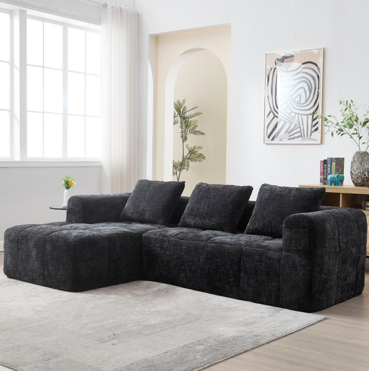 SOFA mit Chaiselongue 250 x 158 cm Chenille Black 3 Kissen - Schwarz, Textil (250/158cm) - IVMEU