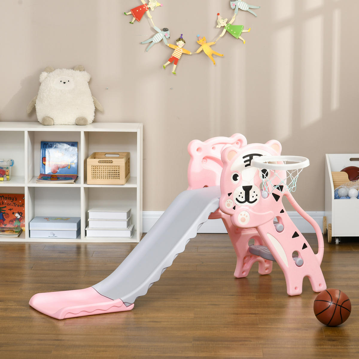 KINDERRUTSCHE DE-17985 3-in-1 mit Basketballkorb & Tigermotiv Rosa - Pink, Kunststoff (60/70/133cm) - ComfortXL