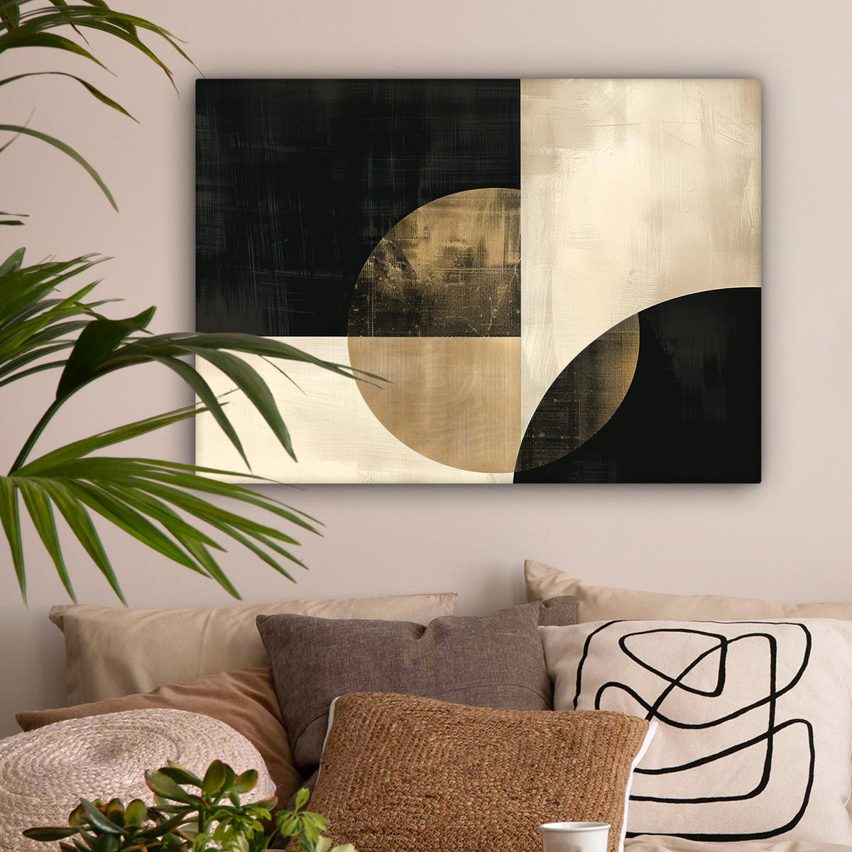 LEINWANDBILD Abstrakt - Geometrische Formen - Schwarz - Gold Wandbilder 80x60 cm - Ecru, Textil (80/60cm) - MuchoWow