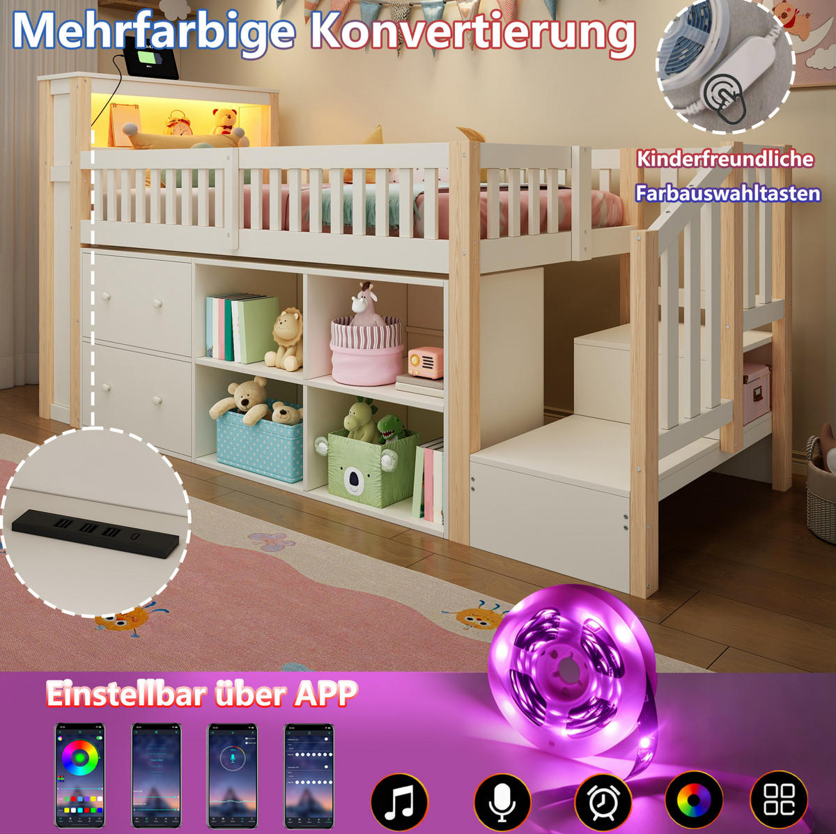 HOCHBETT Kiefernholz & MDF 90x200 cm Natur mit Stauraum, Leiterschrank, USB/USB-C und LED - Naturfarben, Holzwerkstoff (90/200cm) - Modfu