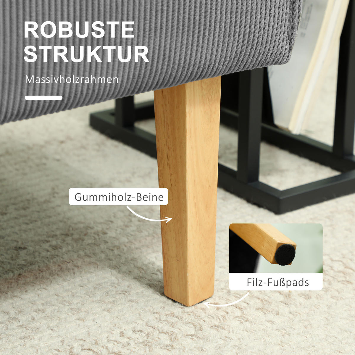 SOFA 2 Sitzer, mit Cord-Optik, 110 x 62 x 85 cm, Grau - Grau, Textil (110/85/62cm) - HOMCOM