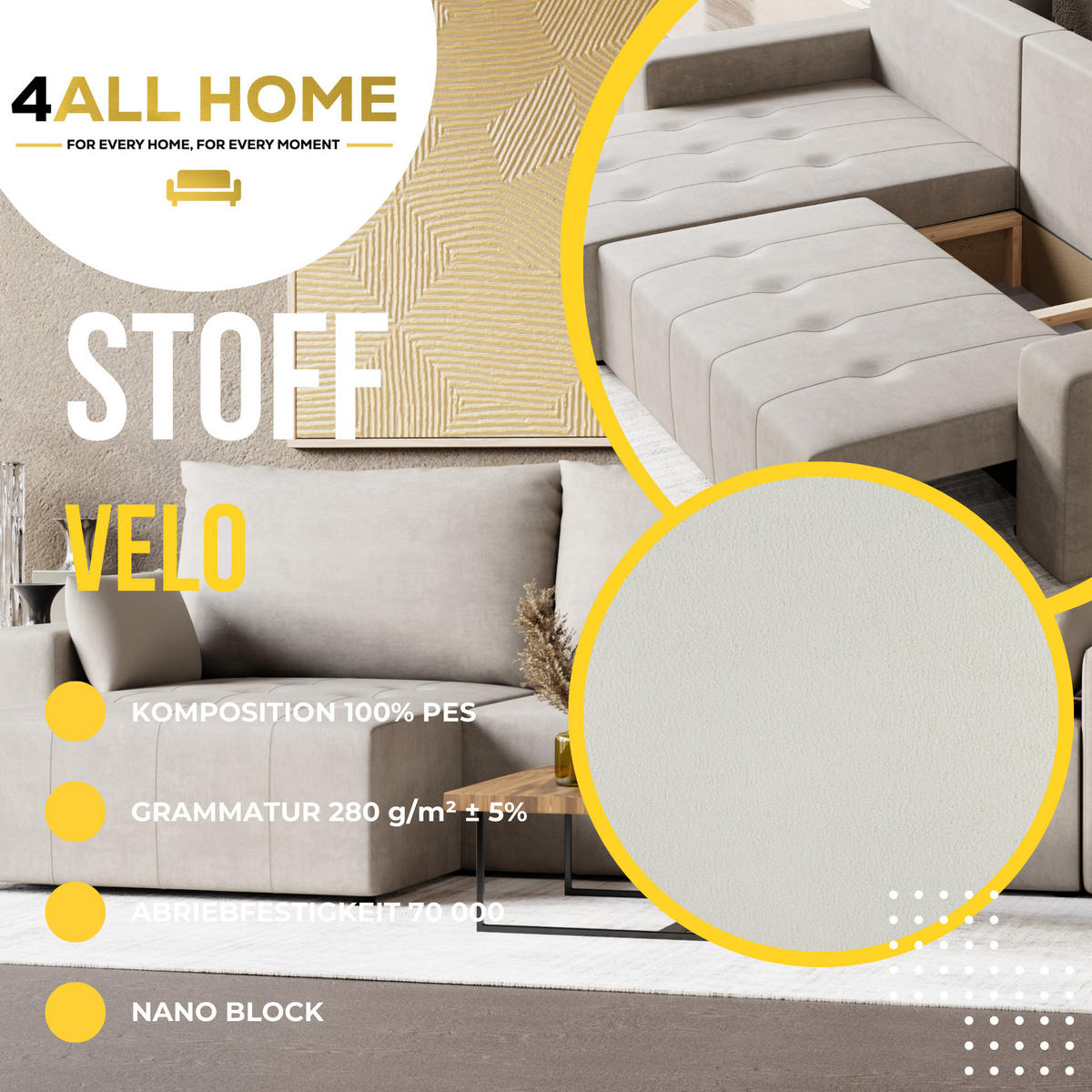 ECKSOFA Tico mit Bettkasten und Schlaffunktion, L-Form/XL-Form, Velourstoff, Universal - Weiß, Holzwerkstoff (276/145cm) - 4ALL HOME