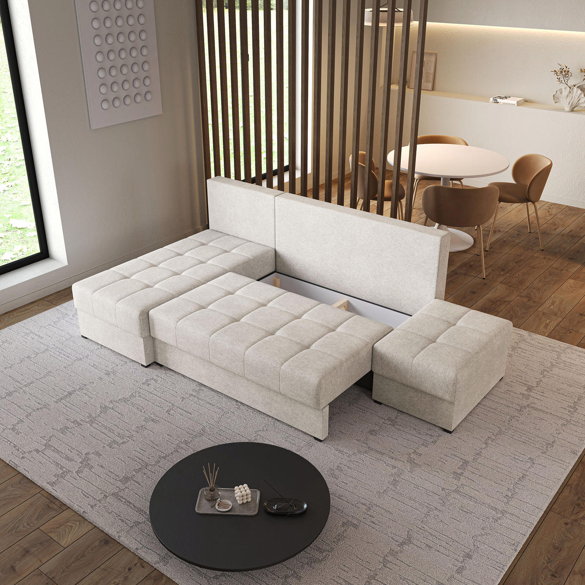 ECKSOFA NORVI Creme Geflochtener Stoff mit Schlaffunktion - Creme, Holz (251/143cm) - MASSENO