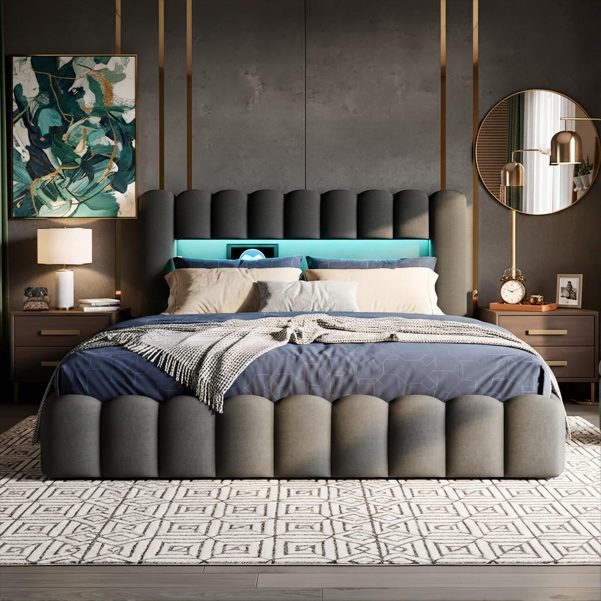 POLSTERBETT Modern 140/200 cm mit Bettkasten LED & USB Leinenoptik Grau - Grau, Textil (140/200cm) - Creahappy